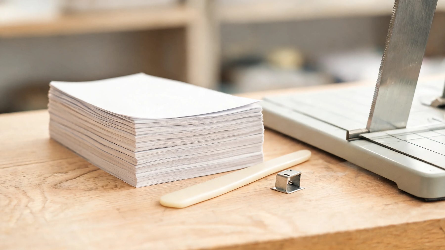 Bindery bench with folded sections, a bone folder and a guillotine edge